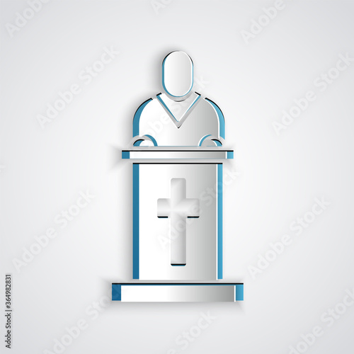Paper cut Church pastor preaching icon isolated on grey background. Paper art style. Vector Illustration.