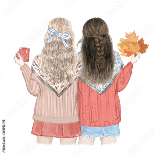 Two girls, best friends in the fall. Hand drawn illustration
