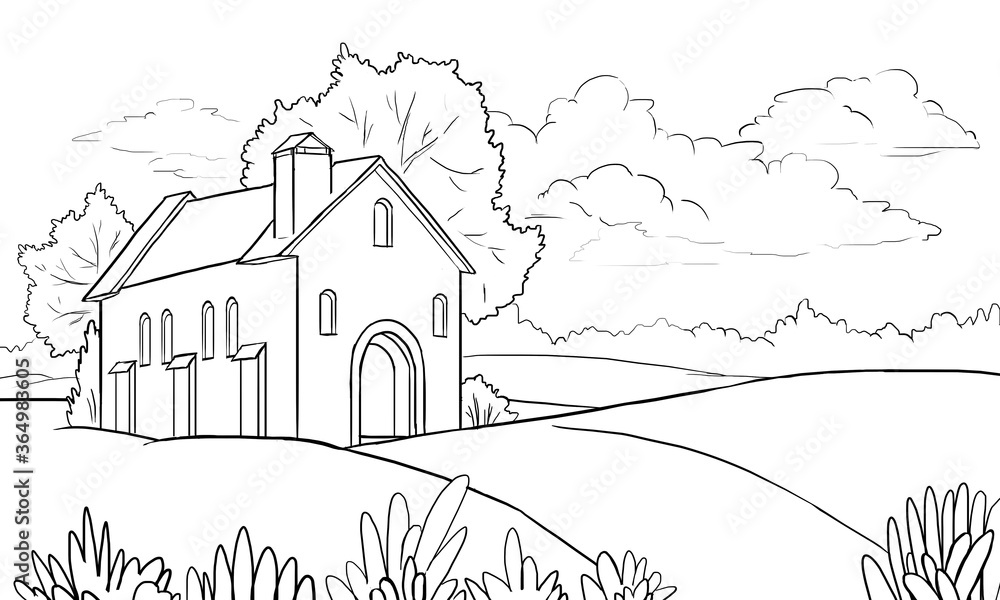Vector house in the valley - coloring page