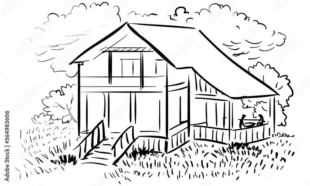 Vector line country house with two people
