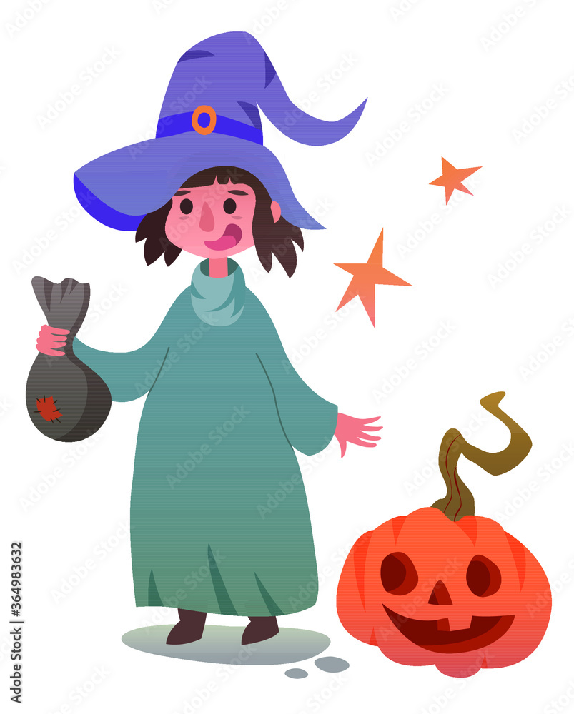 Fototapeta premium Girl in a witch costume with a bag for sweets. Girl in a hat, pumpkin and stars. Happy halloween character. Vector illustration for any use.