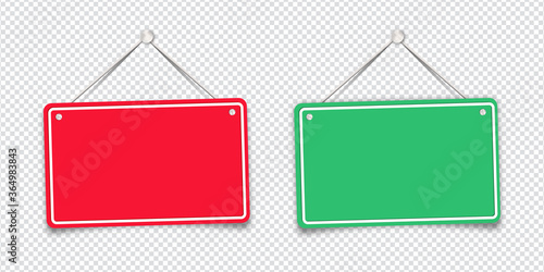 Red and green shop door signs hanging isolated on transparent background. Empty or blank sign for store, restaurant or cafe. Vector illustration. EPS 10