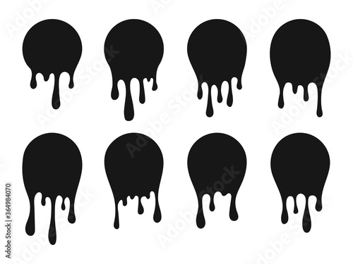 Dripping oil blob set. Drip drop paint or sauce stain drips. Black drippings sauces current round spots, ink paint leak or liquid chocolate. Vector illustration. EPS 10