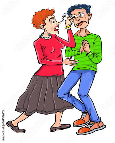 Husband and wife conflict. His wife pulls his husband's ear.