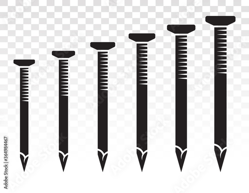 Set of wood fasteners nails or concrete nails flat vector icon for apps and websites