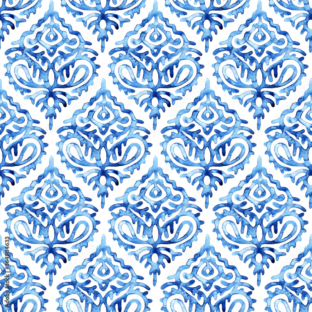 Fototapeta premium Seamless blue and white watercolor pattern. Ogee ornament drawn by paints on paper. Print for textiles, home decor, packaging. Bohemian fashionable ornament.