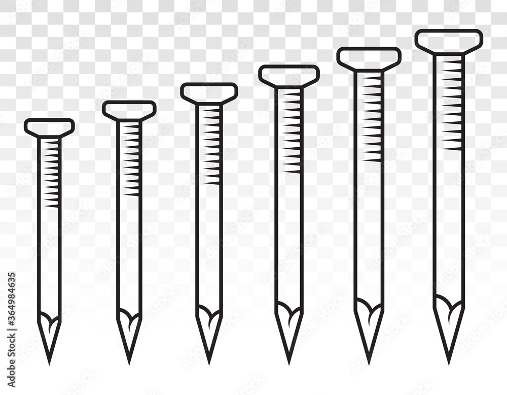 Set of wood fastener nails or concrete nails line art icon for apps and