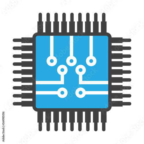 Blue computer chip or electronic circuit board flat colour icon for apps and websites