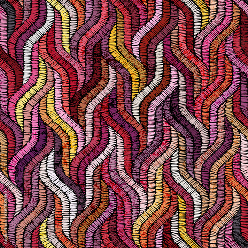 Seamless embroidered pattern. Wavy bohemian print. Patchwork ornament. Vector illustration.