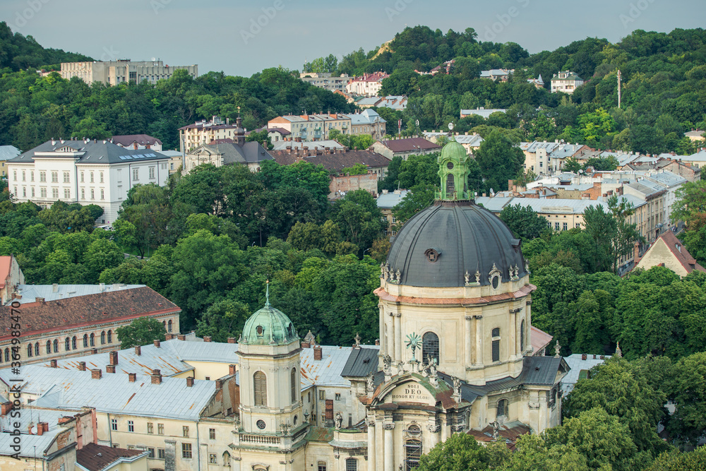 aerial view on Dominican cathedral and other Lviv historical buildings in Ukraine