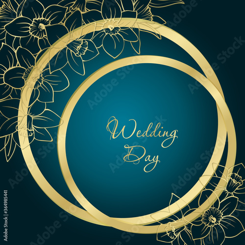 Wedding invitation or greeting card with gold rings and daffodils frame on dark background. Deep sea-green template with gold flower pattern. 3D effect. Vector decorative botanical design.