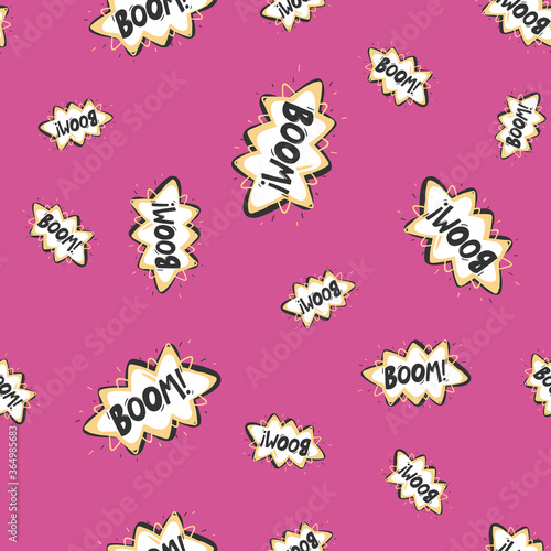 Boom. Retro pattern for print design. Cartoon vector illustration. Romantic seamless texture design. Hand drawn calligraphy lettering vector illustration.