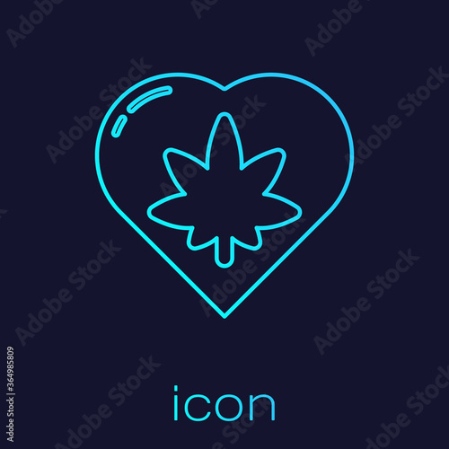 Turquoise line Marijuana leaf in heart shape icon isolated on blue background. Hemp symbol. Vector Illustration.
