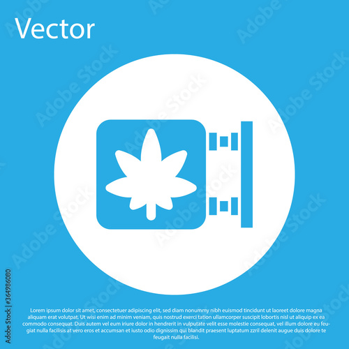 Blue Marijuana and cannabis store icon isolated on blue background. Equipment and accessories for smoking, storing medical cannabis. White circle button. Vector Illustration.