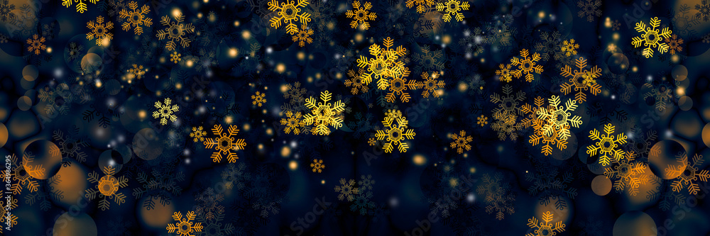 Light golden snowflake bokeh backdrop on Dark blue background. Light golden snowflake bokeh backdrop on Dark blue background.