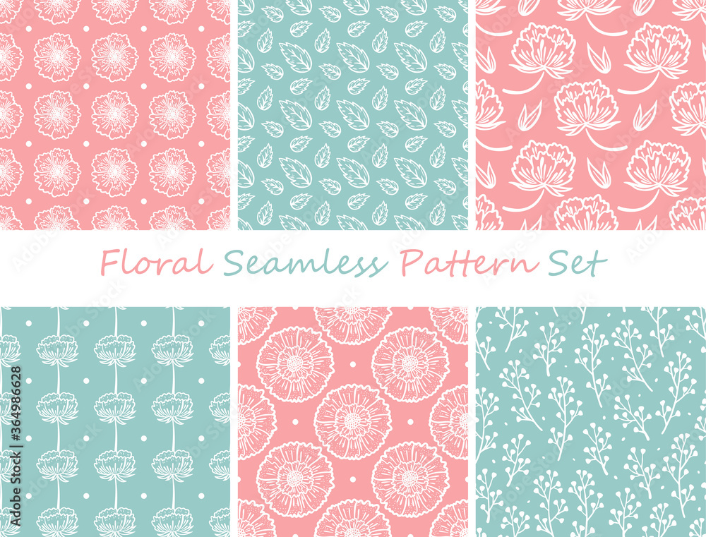 Floral Seamless Pattern Vector Set. Flowers, Leaves and Sprigs Background
