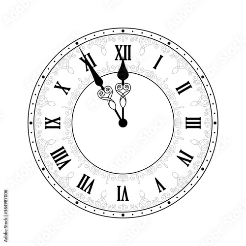 Clock face with black numbers and hands isolated on white background. Design element for New Year greeting card or party invitation