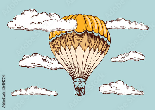 Hot air balloon vintage style. Hand drawn illustration. Vector