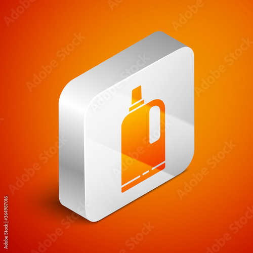 Isometric Fabric softener icon isolated on orange background. Liquid laundry detergent, conditioner, cleaning agent, bleach. Silver square button. Vector Illustration.