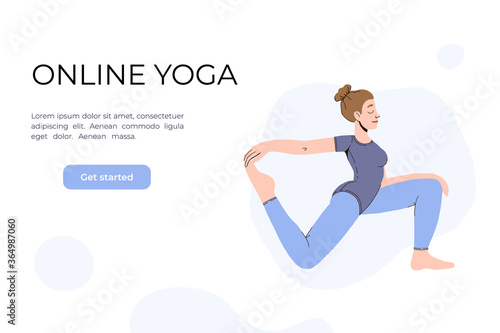 The girl does yoga in the video. Yoga classes online. Vector illustration in a flat style. Woman in asana. Concept for website design of online yoga courses. Neutral colors.