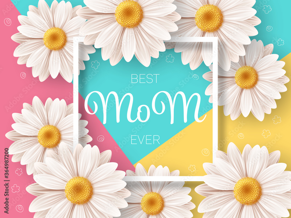 Obraz premium Happy Mothers day background with daisy flowers. Greeting card, invitation or sale banner template