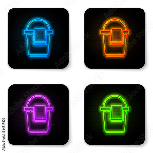 Glowing neon Bucket with rag icon isolated on white background. Cleaning service concept. Black square button. Vector Illustration.