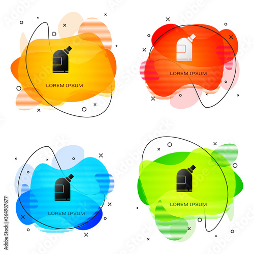 Black Plastic bottles for laundry detergent, bleach, dishwashing liquid or another cleaning agent icon isolated on white background. Abstract banner with liquid shapes. Vector Illustration.