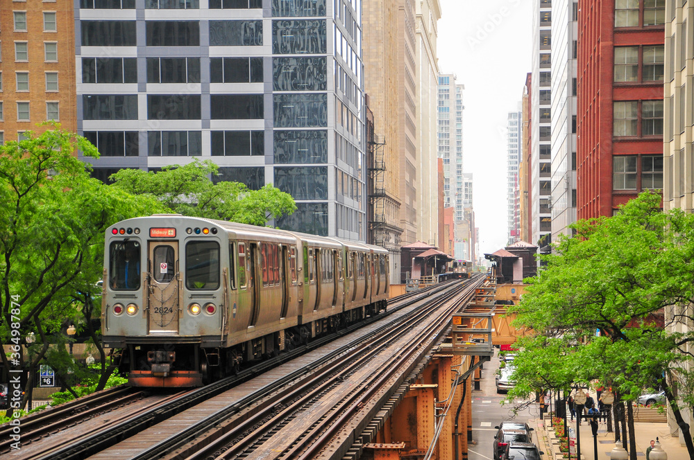 Naklejka premium Wagony metra i tory kolejowe w Chicago