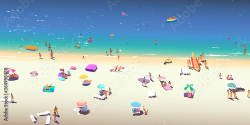 People relax on the sandy beach. Resort. Hand drawn sketch. Vector illustration.