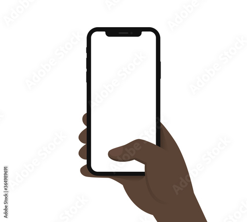 Black man hand hold phone vertical first person view blank template clip art flat design vector EPS 10