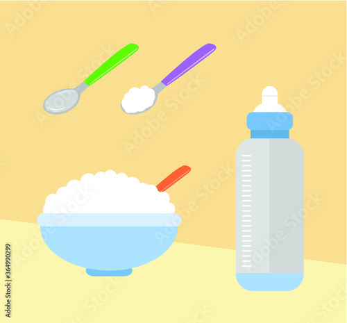 Newborn baby feeding set: plastic bottle, spoons, bowl with porridge. Vector illustration.