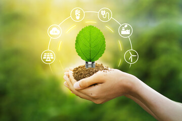 Hand hold green leaf with eco icon in green nature background. Clean Environment and Renewable energy concept.