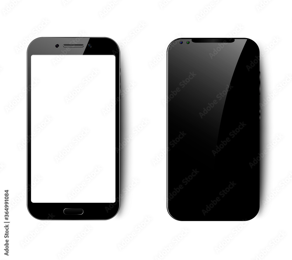 Set of two smartphones with a blank black and white screen, realistic black smartphone on a white isolated background, vector illustration