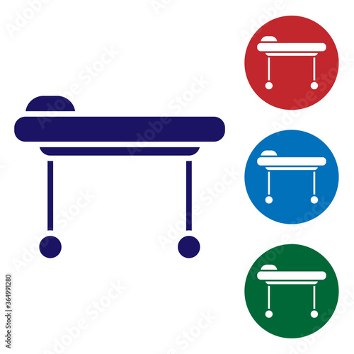 Blue Stretcher icon isolated on white background. Patient hospital medical stretcher. Set icons in color square buttons. Vector Illustration.