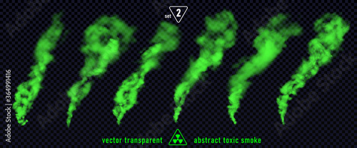 Green smoke set 2 isolated on transparent background. Magic mist cloud, chemical toxic gas, steam waves, realistic set of green bad smell. Realistic illustration. Vector.