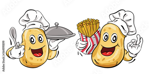 Cartoon character of potato chef holding a spoon and a serving plate with lid, showing ok hand sign and holding a box of french fries