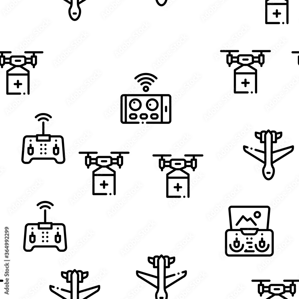 Drone Fly Quadrocopter Seamless Pattern Vector Thin Line. Illustrations Drone Fly Quadrocopter Seamless Pattern Vector Thin Line. Illustrations