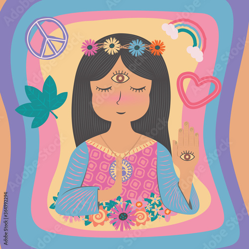 Cute beautiful boho bohemian gypsy hippie hippies girl woman in flat color style vector