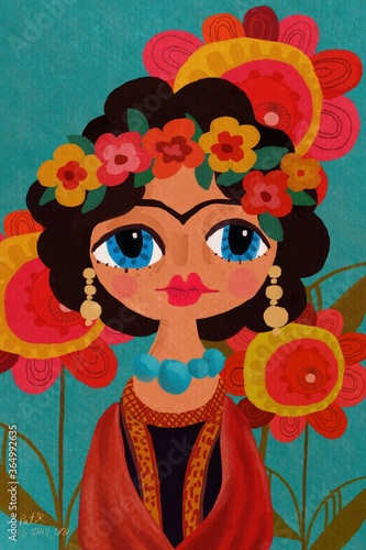 Frida Kahlo Floral Exotic Portrait on colorful flower Illustration background for card poster and frame photo