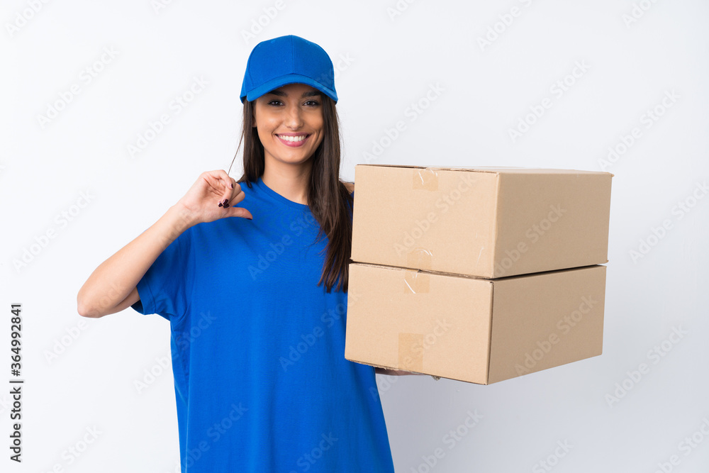 Young delivery woman over isolated white background proud and self-satisfied Young delivery woman over isolated white background proud and self-satisfied