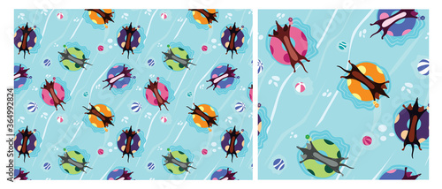 A vector illustration of a cute Dachshund wiener dog in a swimming pool. A rubber ring on a beach