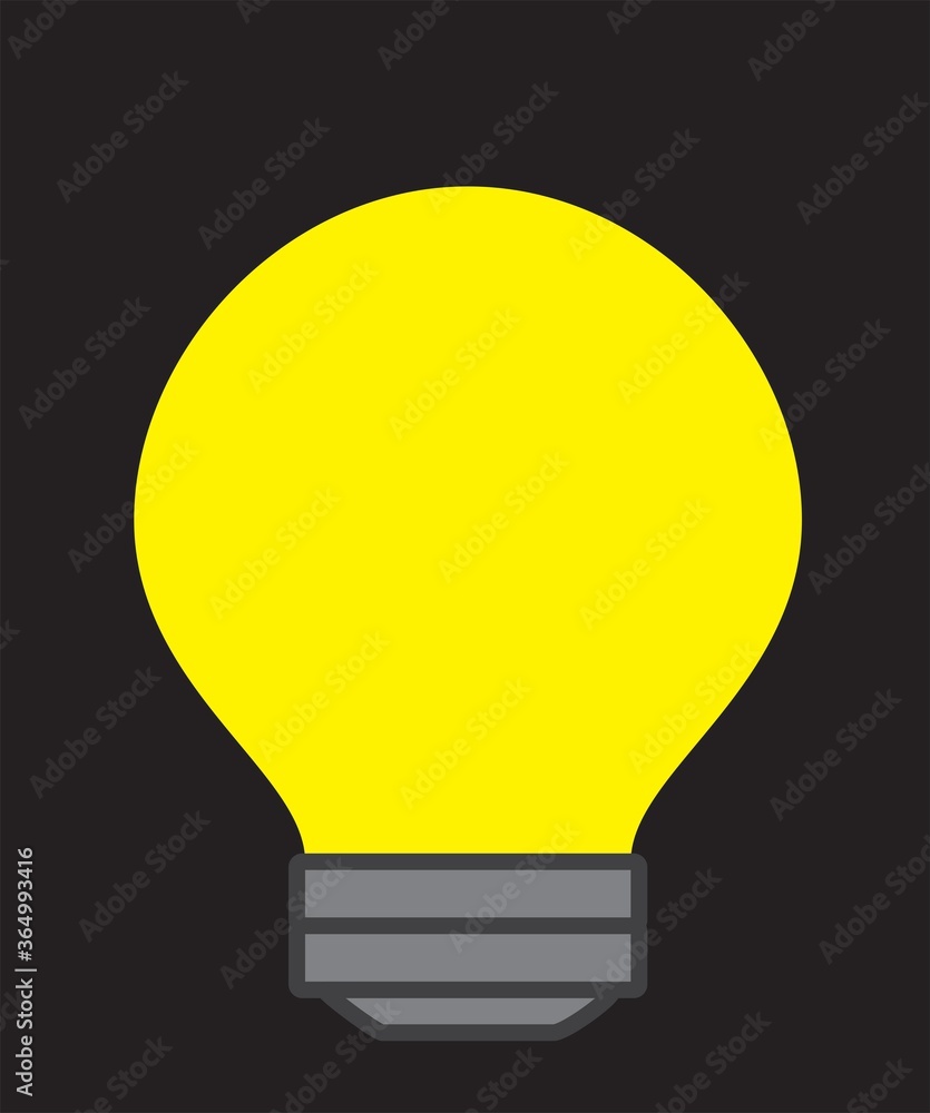 Simple, cartoon like, vector illustration of a standard, rounded light bulb. The bulb is lit up yellow against a black background and has gray coils at the bottom. Simple, cartoon like, vector illustration of a standard, rounded light bulb. The bulb is lit up yellow against a black background and has gray coils at the bottom.