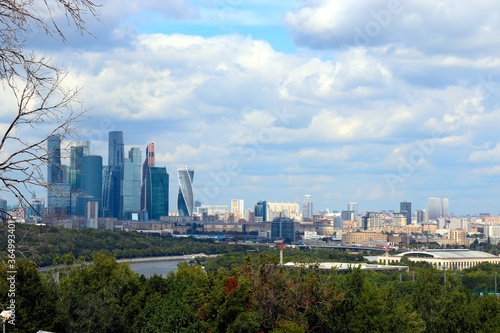MOSCOW RUSSIA Large panorama view of Moscow City buildings modern business office center on Moscow river bank