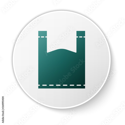 Green Plastic bag icon isolated on white background. Disposable cellophane and polythene package prohibition sign. White circle button. Vector Illustration.