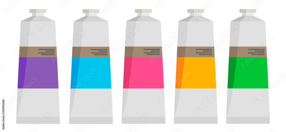 Top view of colorful set of paint tubes. Minimalistic graphics. Different colors. Top view of colorful set of paint tubes. Minimalistic graphics. Different colors.