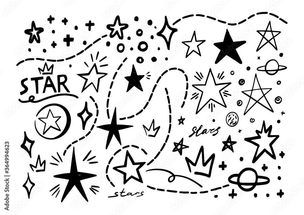 Fototapeta premium Abstract star line doodle. Hand drawn scribble stars shape elements and lines. Cartoon marker sketch for text emphasis on white background. Underline pen graphic and highlight sketch in graffiti style