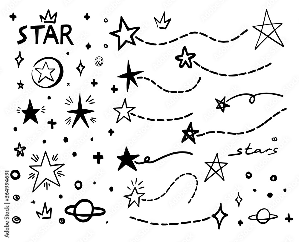 Black doodle star and dash line. Abstract hand drawn scribble stars shape isolated elements. Cartoon line marker sketch for text emphasis on white background. Pen graphic and highlight graffiti sketch