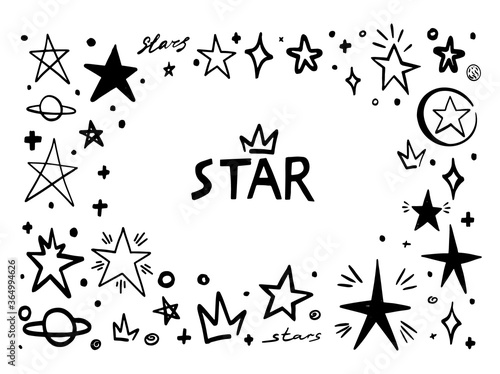 Star frame doodle. Abstract hand drawn scribble stars shape elements. Cartoon line marker sketch for text emphasis on white background. Pen graphic and highlight sketch in graffiti style