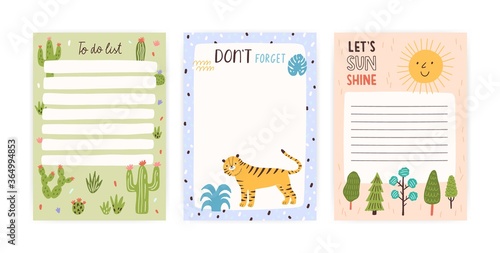 Collection of cute childish appointment notebook page vector flat illustration. Colorful to do list, reminder and blank template decorated by funny stickers with animals or plants isolated on white