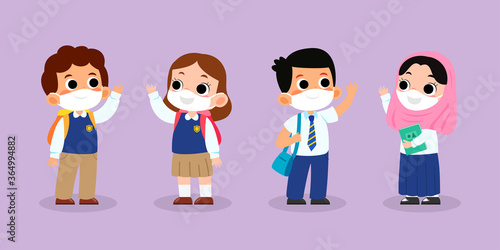 Set of Students wear school uniforms and sanitary masks vector illustration. Asian, European and islamic school uniform